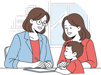 Parent Teacher Meeting or Educational Consultation Vector Illustration with Mother, Child, and Counselor