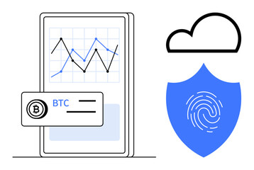 Smartphone displaying cryptocurrency graph with Bitcoin card, fingerprint shield, and cloud icon. Ideal for finance, technology, mobile apps, security, digital data, innovation simple flat metaphor