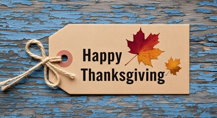 Happy thanksgiving greeting on a rustic kraft paper tag with colorful autumn maple leaves tied with twine on a distressed blue wooden background