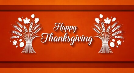 Happy thanksgiving text with decorative wheat and maple leaf elements on a textured orange background, celebrating the autumn harvest festival and gratitude