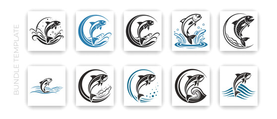 Jumping Fish Vector Set &ndash; Salmon or Trout with Wave Illustrations