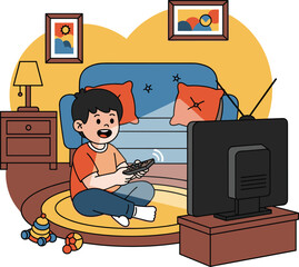 Smiling Child Boy Watching TV with Remote Control in Cozy Living Room Flat Vector Illustration
