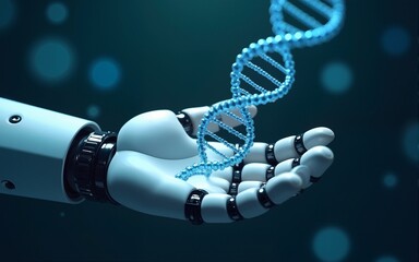 Hand of robot holding biotechnology DNA strand, genetic research bioengineering cellular development healthcare therapy innovation diagnostics sustainability molecular medicine. High quality