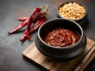 Bold and trendy shot of authentic Korean gochujang in a dark bowl with dried red chilies and soybeans on a rustic, moody surface.