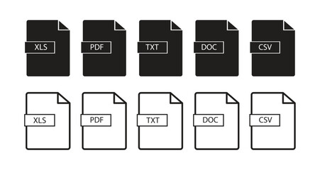 File format icon set, XLS, PDF, TXT, DOC, CSV document icons, vector illustration