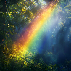 Rainbow in Peaceful Forest, Rainbow in the Forest, Forest Rainbow Glow, Nature's Colorful Arc, Rainbow Through the Trees, Magical Forest Rainbow, Colorful Forest Scene, Forest Light Show, Mystical Rai
