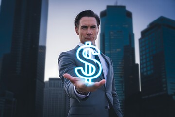Confident businessman in a suit presents a glowing neon dollar sign symbol hovering over his open palm against a city skyline backdrop