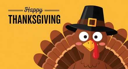 Happy thanksgiving greeting with a cute cartoon turkey wearing a pilgrim hat, celebrating the autumn harvest holiday tradition