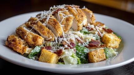 Chicken caesar salad serving with fresh romaine, croutons, and creamy dressing