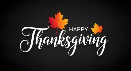 Happy thanksgiving text with autumn leaves on a dark background, celebrating the fall holiday season with traditional symbols of gratitude and harvest