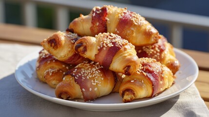 Homemade savory croissants with bacon and sesame seeds prepared for serving