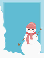 Playful winter illustration of snowman waving against a bright blue background framed by snow. Clean flat style with soft pastel tones. Perfect for holiday greeting cards, posters and winter projects