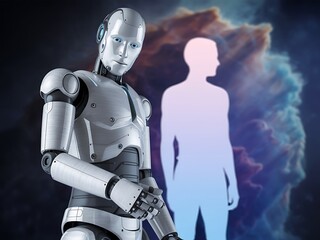 Advanced humanoid robot stands beside a glowing ethereal human silhouette against a backdrop of swirling cosmic nebula clouds