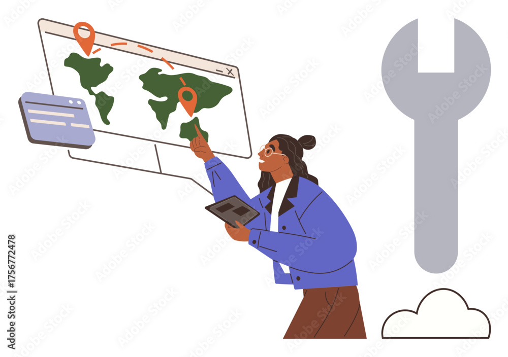 Wall mural Individual interacts with global map and digital devices emphasizing routes, locations, and data tools. Ideal for navigation, global reach, technology, data analysis, remote work, geolocation