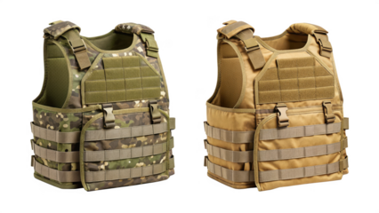 Two tactical vests isolated on transparent background for military or security use