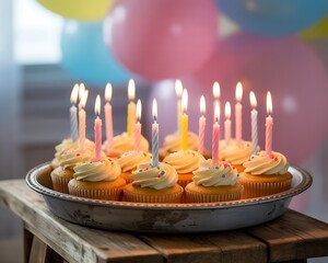 A festive birthday cake with dozens of lit candles sits on a rustic wooden table surrounded by colorful balloons in soft focus