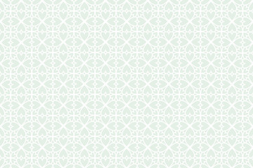 Seamless repeating pattern of white, stylized, interconnected heart shapes on a soft olive green background, arranged in a grid formation, creating a decorative lace-like design.