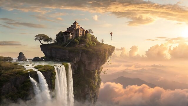 A floating island with an ancient temple, cascading waterfalls, and a hot air balloon against a dramatic sunset sky, a surreal fantasy landscape - Powered by Adobe