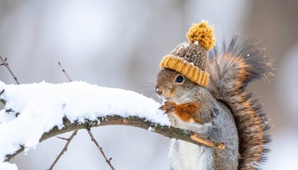 Fototapeta premium Reddish brown squirrel in the snow, wild rodent on a branch in a winter forest