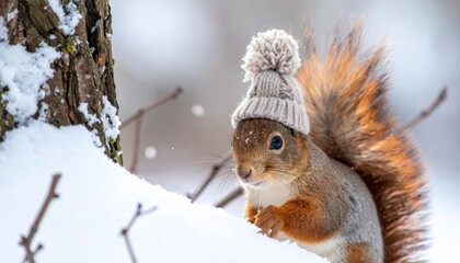 Obraz premium Reddish brown squirrel in the snow, wild rodent on a branch in a winter forest