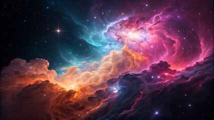 A breathtaking view of a colorful nebula in deep space, with swirling clouds of gas and dust illuminated by distant stars, a testament to cosmic beauty