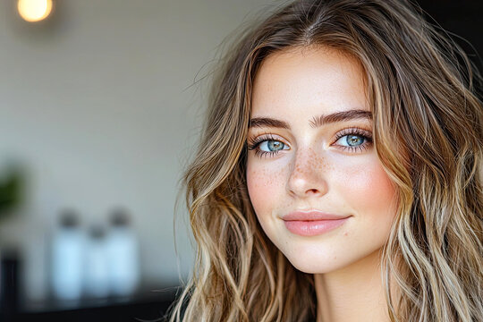 A close-up portrait of a young woman with wavy hair, clear skin, and a warm smile, set against a softly blurred background.