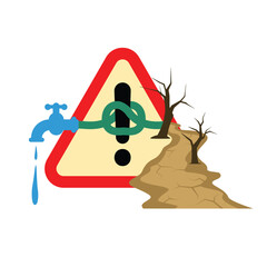 Vector illustration of a drought warning sign showing a dried river with dead trees. The warning sign is knotted with a water pipeline, symbolizing severe water scarcity and environmental crisis.