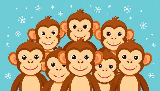 Cartoon illustration showing a group of smiling monkeys under snowflakes