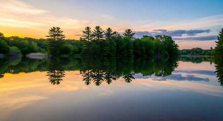 Beautiful Lake at Sunset with Forest Reflection and Colorful Sky