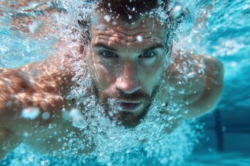 Fit man swims underwater in a clear pool, showcasing strength and determination in a vibrant and refreshing environment during daylight hours