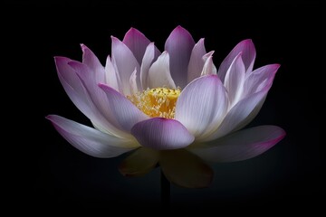 Lotus flower gracefully poised against a dark background showcasing its delicate petals and vibrant colors, embodying tranquility and beauty in a serene setting