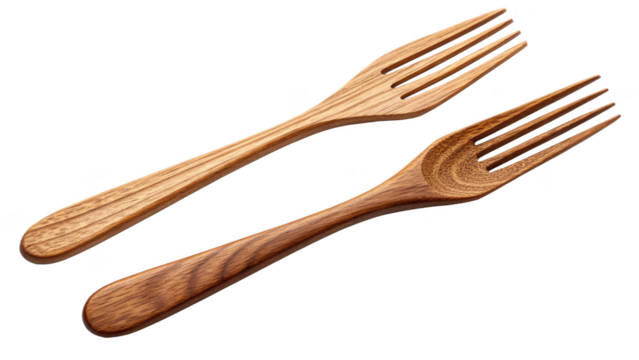 Two wooden forks isolated on transparent background, light and dark wood color