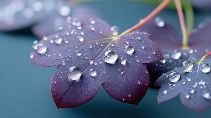 Dew drops on purple leaf create serene scene perfect for wellness campaign and evoke calm natural feeling