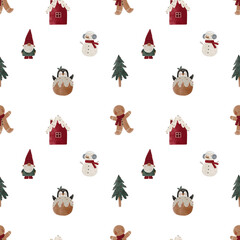 Cute Cozy watercolor Christmas illustration. Christmas decorations and characters. Hand drawn new year seamless pattern with Christmas tree, snowman, gifts, stars, gnomes