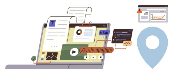 Laptop displaying documents, HTML code, charts, video player, and analytics dashboard. Ideal for web development, content management, programming, media creation data analysis UX design simple