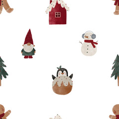 Cute Cozy watercolor Christmas illustration. Christmas decorations and characters. Hand drawn new year seamless pattern with Christmas tree, snowman, gifts, stars, gnomes