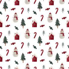 Cute Cozy watercolor Christmas illustration. Christmas decorations and characters. Hand drawn new year seamless pattern with Christmas tree, snowman, gifts, stars, gnomes