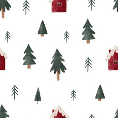 Obraz premium Cute Cozy watercolor Christmas illustration. Christmas decorations and characters. Hand drawn new year seamless pattern with Christmas tree, snowman, gifts, stars, gnomes