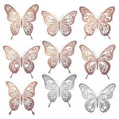 Collection of delicate rose gold and silver butterflies with intricate patterns