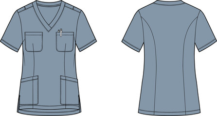 Blue scrub top, medical uniform, nurse apparel, healthcare clothing, short sleeve design, front back view, vector illustration, clinical wear