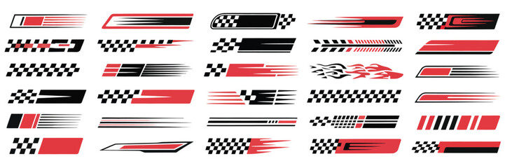 Racing Cars and Stripes Vector Set,  Checkered flag, motocross labels, dynamic lines, speed decals, motorsport stickers, and racing stripe graphics for sport car design and customization.