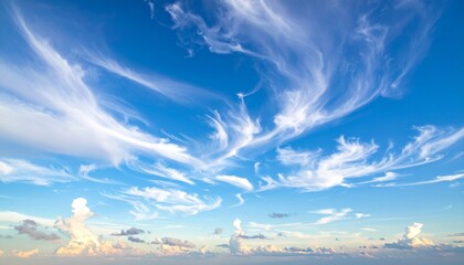 Generated imageVibrant blue sky filled with cumulus and cirrus clouds, fluffy white formations below and wispy streaks above, natural atmospheric texture and contrast