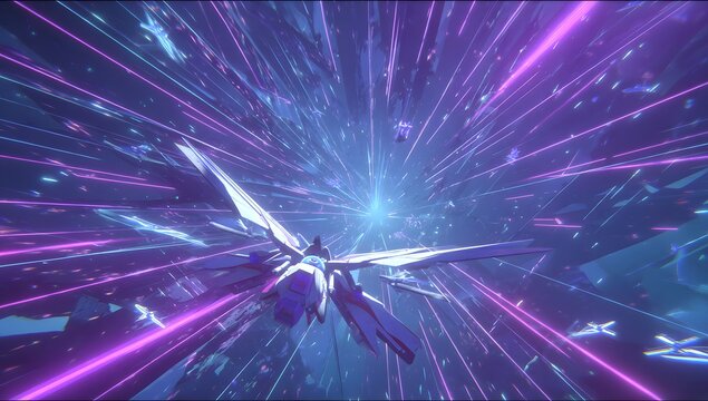 Abstract cosmic tunnel with vibrant purple and blue light streaks creating a sense of rapid motion and deep space exploration