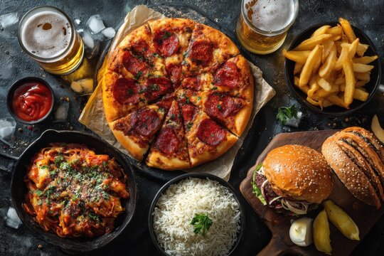 Pepperoni pizza served with assorted beer snacks and sides for an enjoyable gathering - Powered by Adobe