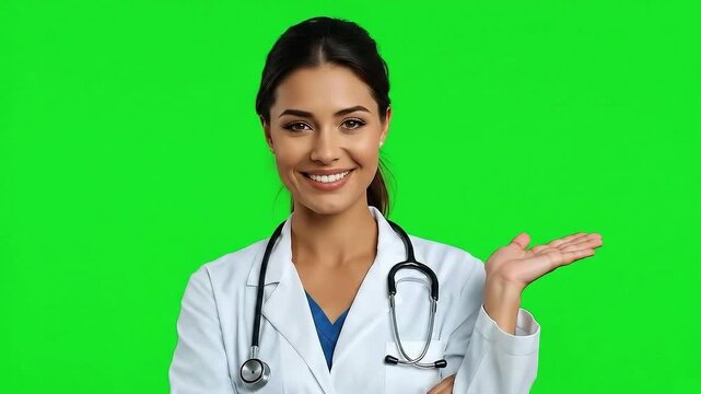 Beautiful female doctor pointing her hand to the side. Advertising theme.  Isolated on green screen background.