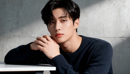 テーブルで物思いにふける若い男性のポートレート