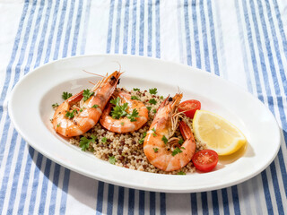 Three large grilled shrimp served on a bed of quinoa and couscous mix, garnished with cherry tomatoes, parsley, and a lemon slice on a white striped plate.