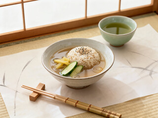 A traditional Japanese ochazuke bowl with rice, dashi broth, cucumber, and pickled ginger is served on a placemat with chopsticks and a small cup of green tea.