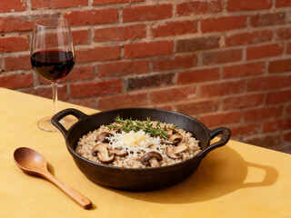 A cast iron pan of creamy mushroom and barley risotto, topped with cheese and rosemary, served on a yellow table with a glass of red wine.