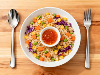An overhead view of vegetable fried rice with carrots, corn, peas, and purple cabbage, centered with a small bowl of sweet chili dipping sauce.